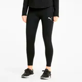 Calza deportiva Puma modelo Active Tights para mujer, de color negro, con ajuste ceñido y el logo de la marca en blanco estampado en la pierna izquierda.