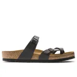 Sandalias Birkenstock modelo Mayari, color negro, con diseño de tiras cruzadas y ajuste mediante hebillas metálicas. Plantilla anatómica de corcho y suela de goma.