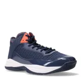 Championes de básquetbol Topper modelo Basket Block, de caña media, color azul marino con detalles en naranja coral y suela blanca. Presentan un diseño con textura de panal en los laterales y refuerzos de charol sintético.