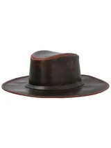 Sombrero de ala ancha estilo australiano, confeccionado en cuero genuino con acabado envejecido. Presenta una corona con hendidura central, ojales metálicos laterales para ventilación y una banda interior para el control del sudor.