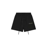 Short de felpa de algodón color negro, con cintura elástica ajustable mediante cordones largos y logo de Essentials estampado en la pierna izquierda.