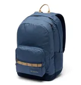 Mochila urbana de 30 litros con dos compartimentos principales, funda acolchada con forro polar para laptop de hasta 15 pulgadas, bolsillos laterales para botellas y base acolchada. Presenta un diseño en azul con detalles en beige y logo de la marca en el frente.