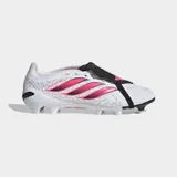 Championes de fútbol Adidas Predator League FT FG, color blanco con detalles en fucsia y negro, con lengüeta plegable y tapones para terreno firme.