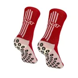 Medias deportivas de caña media color rojo con detalles en blanco. Presentan apliques de gel antideslizante en la planta y el talón para mayor estabilidad, con zonas de refuerzo en áreas clave para soporte adicional.