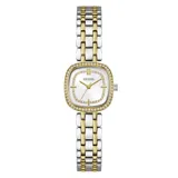 Reloj analógico Guess modelo Hazel con caja cuadrada de 25 mm y correa de eslabones tipo brazalete en acero inoxidable bicolor plateado y dorado. La esfera blanca presenta un marco interno con cristales y el bisel está adornado con cristales brillantes.