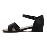 Sandalias de cuero sintético negro con pulsera al tobillo, taco bajo y plantilla acolchada.