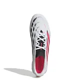 Championes de fútbol Adidas Predator League FG, color blanco con las clásicas tres tiras en fucsia y detalles en negro. Diseñados con capellada sintética texturizada y suela con tapones para terreno firme.