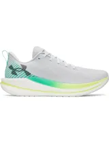 Championes de running Under Armour modelo Velociti, color gris claro con detalles en verde neón y amarillo. Presentan un diseño minimalista con tejido superior elástico, entresuela de espuma reactiva y suela de goma duradera.