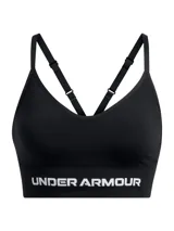 Top deportivo Under Armour modelo Vanish Smiss Low, de color negro y diseño sin costuras. Cuenta con escote en V, tirantes finos ajustables con espalda cruzada y banda elástica inferior con el logotipo de la marca estampado en blanco.