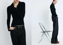 Jeans de denim oscuro de corte ancho y tiro medio, con bolsillos laterales y traseros, y botamanga ancha con vuelta.