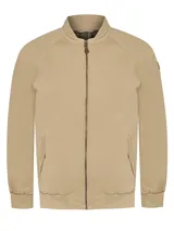 Campera tipo bomber color beige, con cierre frontal, cuello, puños y pretina de rib. Cuenta con dos bolsillos delanteros con tapeta y forro interior de franela.