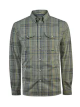 Camisa de manga larga RKF modelo Atacama, con diseño a cuadros en tonos verde militar, azul y amarillo. Cuenta con cuello camisero, cierre frontal con botones, dos bolsillos en el pecho con solapa y calce regular.