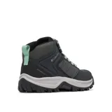 Bota de senderismo impermeable Columbia, color negro con detalles en gris y verde menta. Presenta una combinación de cuero y malla en la parte superior, con entresuela amortiguada y suela de alta tracción.