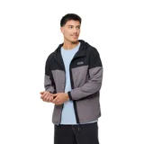 Campera con capucha Rusty Aidan, color negro y gris, con cierre frontal y logo estampado en el pecho.