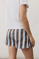 Short con diseño de rayas verticales en tonos celeste y marrón, con bolsillos delanteros y cierre frontal de botón y cremallera.