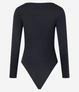 Body marrón de manga larga con escote en V y busto torcido, confeccionado en microfibra.