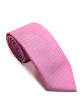 Corbata de seda azul marino con estampado paisley en tonos rosados y blancos.