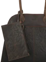 Cartera tipo bowling de cuero 100% natural, color marrón oscuro, con doble asa de hombro y diseño grabado con motivos de hojas.