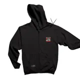 Campera con capucha y cierre frontal de Emexem, de color negro con bolsillos estilo canguro y un parche estampado en el pecho con diseño de gato y texto.