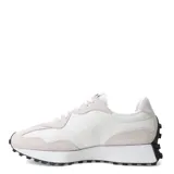Championes urbanos New Balance modelo 327, color blanco con detalles en negro y gris, confeccionados en gamuza y malla, con logo "N" característico en los laterales y entresuela blanca.