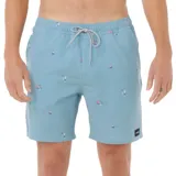 Short de baño celeste con estampado de palmeras y veleros, cintura elástica con cordón ajustable y logo de la marca en la pierna.