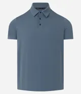 Camisa polo masculina de manga corta, confeccionada en tejido técnico de poliamida con elastano. Presenta cuello inglés con cierre de botones, diseño minimalista y tecnología de secado rápido con efecto de frescor al tacto.