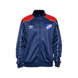 Campera deportiva Umbro del Club Nacional de Football, de color azul marino con detalles en rojo en los hombros y líneas blancas decorativas. Cuenta con cierre frontal y cuello alto.
