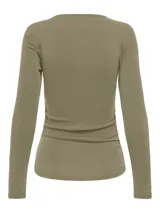 Top de manga larga color gris oscuro, con cuello redondo y diseño ajustado con fruncidos laterales en el cuerpo.