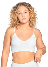 Top tipo bralette blanco de tejido acanalado (rib), con escote en V y breteles finos ajustables.