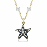 Colgante con cadena dorada y dije de estrella de mar con Crystal Pearls blancas y cristales azules y verdes.
