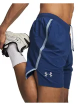 Short deportivo Under Armour modelo UA Launch 7, color azul, con bolsillos laterales, forro interior y logo reflectante.