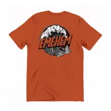 Remera de algodón color naranja con estampa gráfica en la espalda que incluye una ola, un pez koi y la inscripción 'Every summer has a story' junto al logo de la marca.