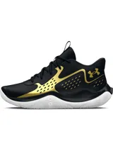 Championes de básquetbol Under Armour Jet 23, con diseño en color negro y detalles en dorado. Presentan una parte superior de materiales mixtos para mayor durabilidad y soporte, entresuela Micro G para amortiguación y suela de goma con patrón de tracción anatómico.