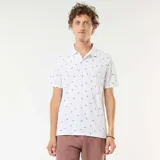 Chomba blanca de piqué con cuello clásico y estampado de palmeras.