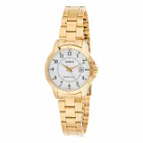Reloj analógico Casio para mujer, con caja y pulsera de eslabones de acero inoxidable color dorado. Esfera blanca con números arábigos dorados y manecillas doradas. Presenta ventana de fecha a las 3.