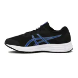 Championes de running Asics Patriot 12, color negro con detalles en azul y suela blanca.