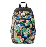 Mochila Rip Curl Ozone 2.0 de 30 litros, con estampado tropical multicolor sobre fondo negro. Cuenta con compartimento principal con cierre, bolsillo frontal organizador, correas ajustables y acolchadas, y compartimento interno para laptop.