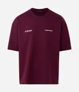Remera de corte oversized color bordó, con cuello redondo y manga corta. Presenta un estampado en la espalda con lettering manuscrito que incluye las ciudades Paris, Tokyo y New York, junto con detalles tipográficos adicionales.