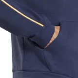 Campera con capucha Reebok de hombre, color azul marino, con cierre frontal, bolsillos y ribetes en color amarillo.