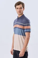 Remera polo de manga corta con diseño de franjas horizontales en tonos azul, salmón, celeste y beige. Cuenta con cuello clásico y cierre frontal de dos botones.