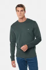 Remera manga larga lisa, color gris claro, con cuello redondo y logo bordado en el pecho.