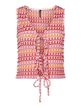 Top sin mangas de crochet con cuello en V y cierre frontal mediante cordones ajustables. Presenta un diseño de tejido calado con patrón geométrico en tonos rosa, naranja y rojo.