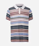 Remera polo de manga corta con diseño de rayas horizontales multicolor. Confeccionada en tejido de punto con trama abierta, cuenta con cuello clásico y cierre frontal de botones.