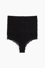 Pack de cinco bombachas estilo brazilian color negro, con ribetes de encaje y pequeño lazo decorativo en el centro de la cintura.