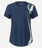 Remera deportiva de microfibra color azul marino, con cuello redondo, mangas cortas y estampa lateral con diseño de ondas en tonos verde claro y gris.