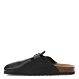 Zueco negro de mujer con suela de goma negra y plantilla de corcho. Presenta una tira ancha ajustable con hebilla metálica sobre el empeine.