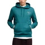Canguro Puma de color verde petróleo, con capucha ajustable con cordones, bolsillo frontal tipo canguro y logo de la marca estampado en el pecho. Presenta puños con detalle de rayas en contraste.