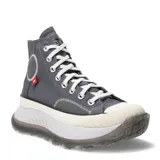 Championes de caña alta Converse modelo Chuck 70 AT CX, color gris con plataforma voluminosa en tono blanco y suela dentada translúcida. Presenta cordones blancos, puntera reforzada y detalles de costuras visibles.