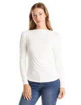 Remera blanca de modal, marca Elie Tahari, con cuello recto, manga larga y frunces en el lateral.