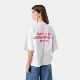 Remera gris de corte holgado con estampado en la espalda que dice 'Emestudios Always Grateful N° 5135' en color rojo.
